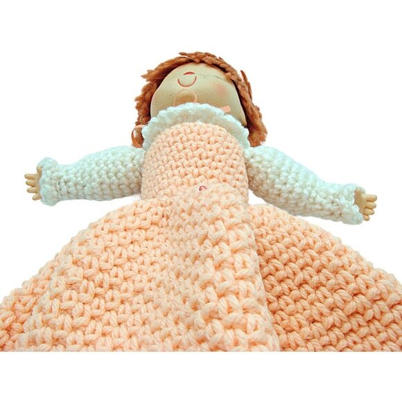 Vintage 1960s Red Hair Peach Dress Bottom Closes Hand Crocheted Bed Pillow Doll - Picture 8 of 12